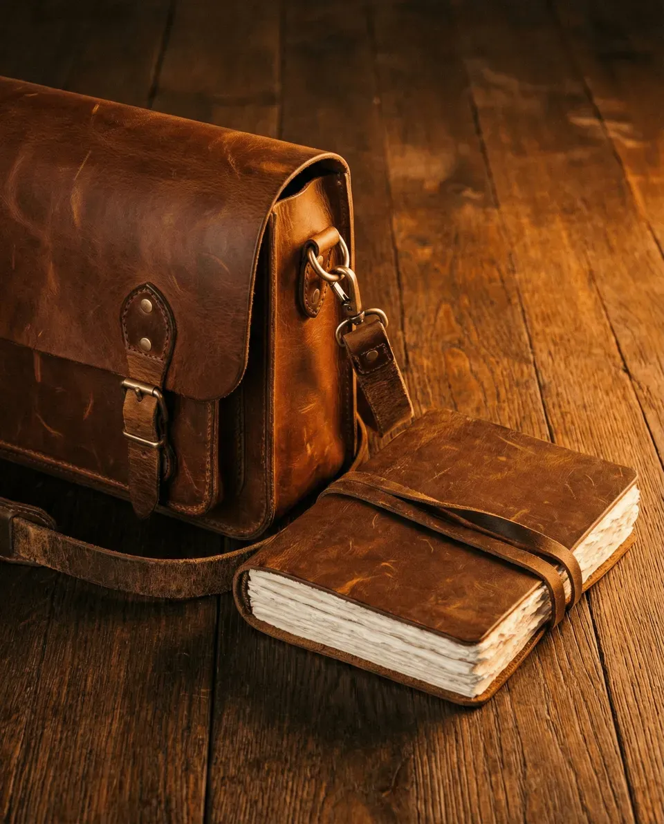 Handcrafted leather satchel and bound journal resting on a wooden table