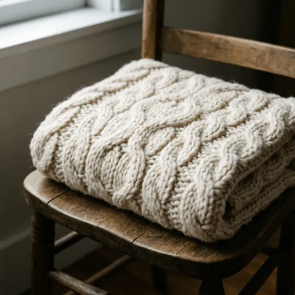 Close-up detail of a chunky, hand-knit cream wool blanket folded on a rustic chair